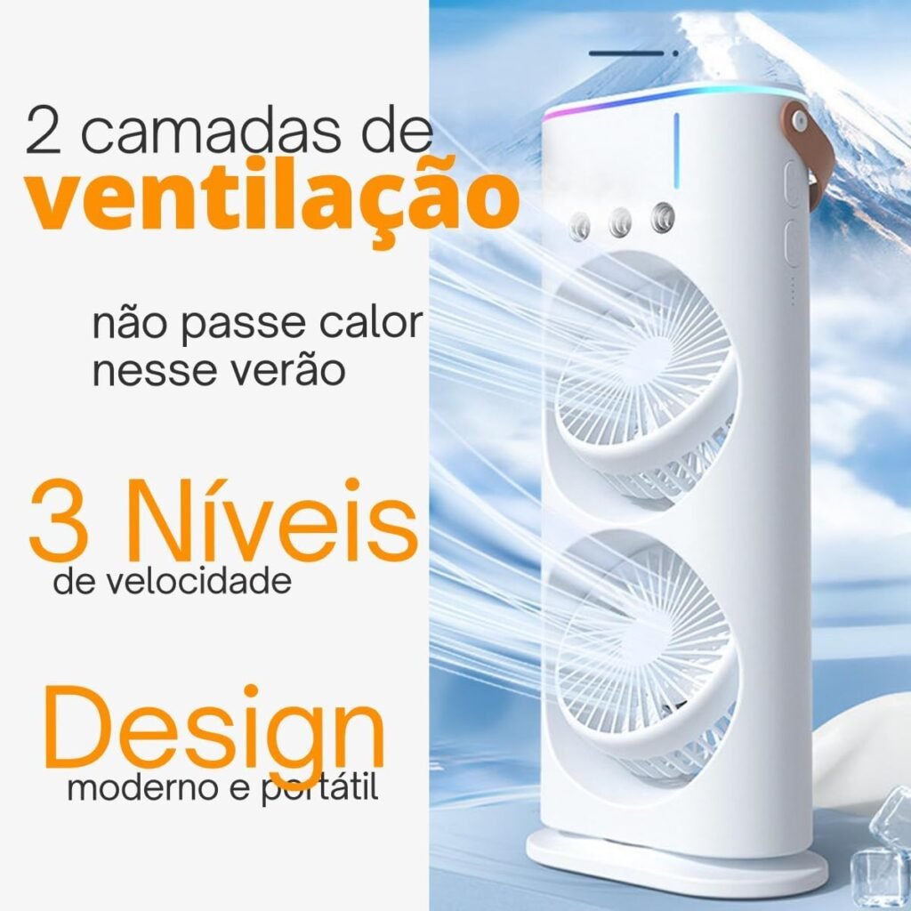 Ventilador Mini Ar Condicionado Umidificador 280 ML LED Climatizador Duplo Portátil Ajustável 3 Velocidades-3
