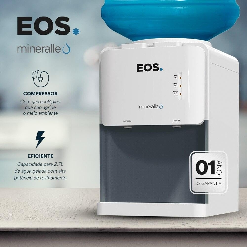 "Bebedouro EOS Mineralle branco com compressor ecológico, capacidade de 2,7 litros de água gelada, baixo consumo e 1 ano de garantia"