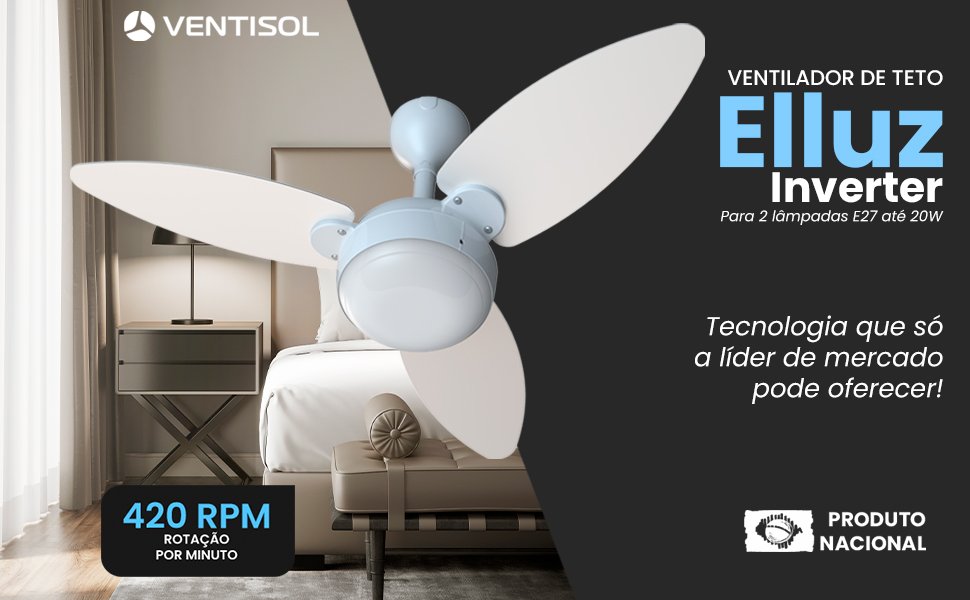 Ventilador de Teto Elluz Inverter Ventisol instalado em sala moderna