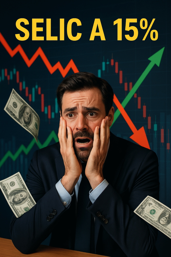 Homem de terno, com expressão de pânico, segurando o rosto, cercado por setas para baixo, dinheiro, gráficos e símbolos da bolsa de valores, representando o impacto da Selic a 15% na economia e nas finanças.