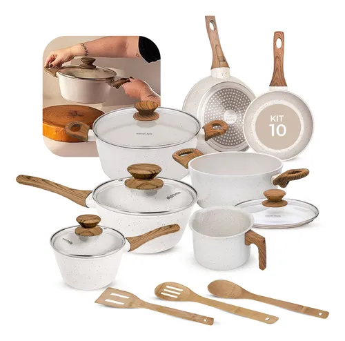 Jogo de Panelas Mimo Style 10 Peças com revestimento cerâmico antiaderente e cabos estilo bambu