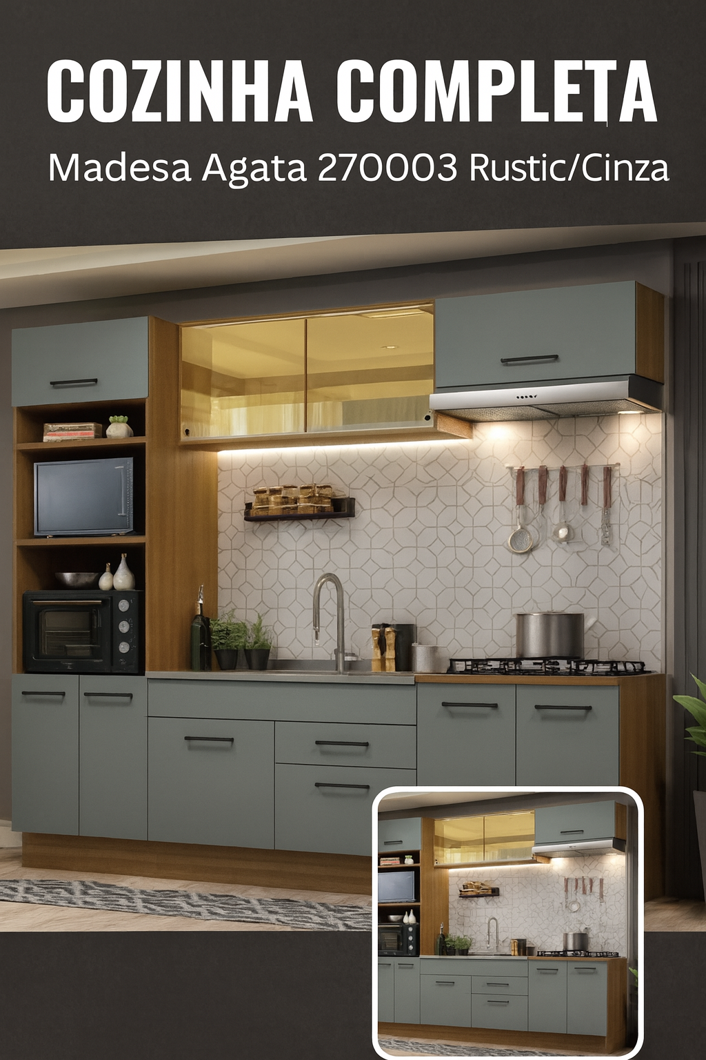 Cozinha Completa Madesa Agata 270003 modelo Rustic/Cinza montada com armários, balcão e nichos, exibida em ambiente planejado e moderno